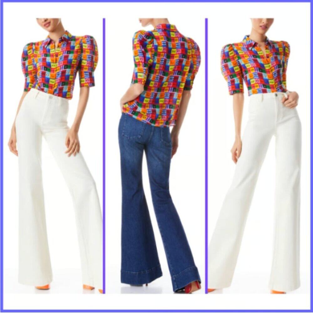 NWT Alice + Olivia Willa Silk Love Patch Blouse Puff Sleeve Size M